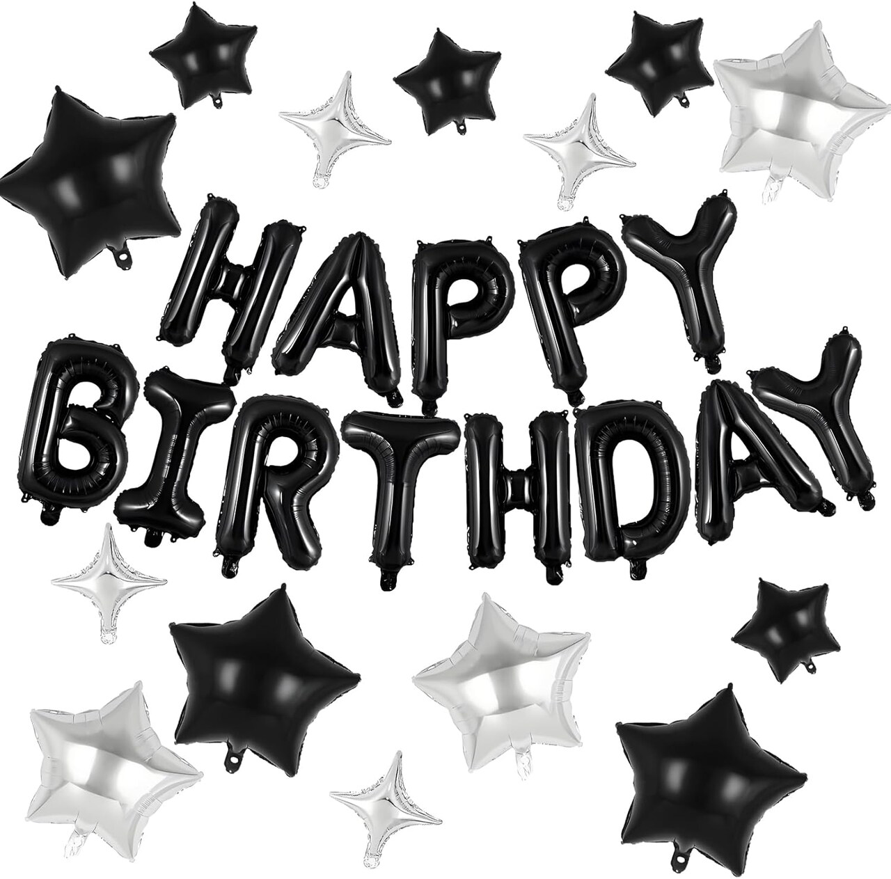 27PCS Black Happy Birthday Balloon Banner Set – 16" Foil Letter Balloons with 18" & 10" Star Balloons, Mylar Birthday Decorations for Party Supplies (Black)